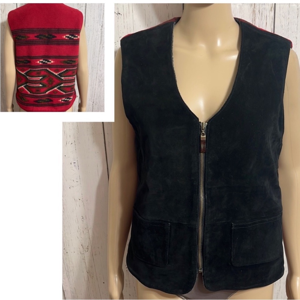 Vintage Chelsea Campbell Black Suede Vest with Red Patterned Back